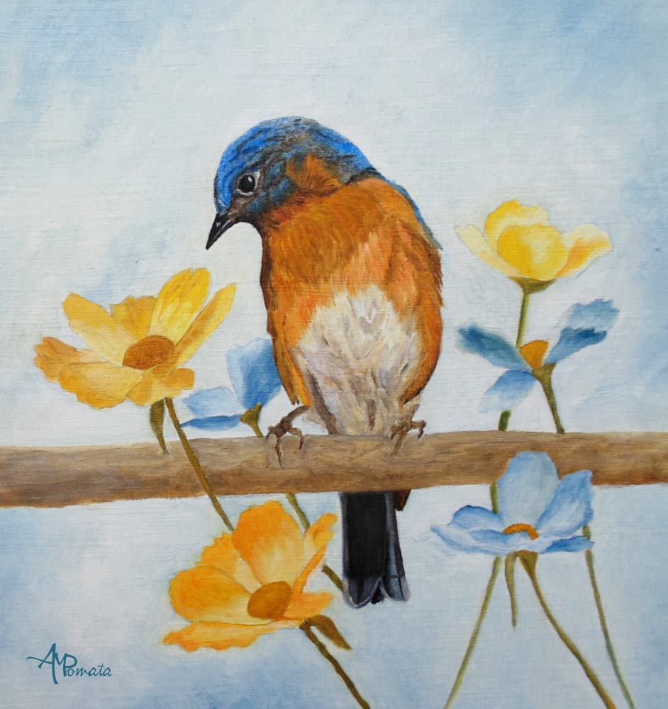 Bluebird Among Blooms by Angeles M. Pomata — canvas wall art