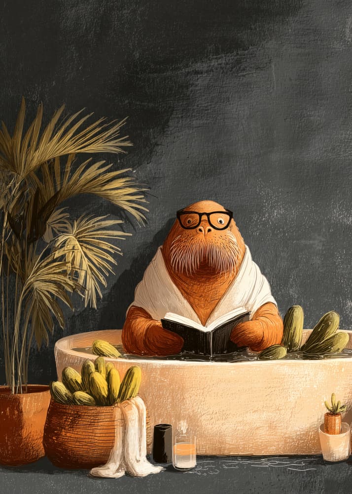 Walrus Reading In Bathtub by Justyna Jaszke — canvas wall art
