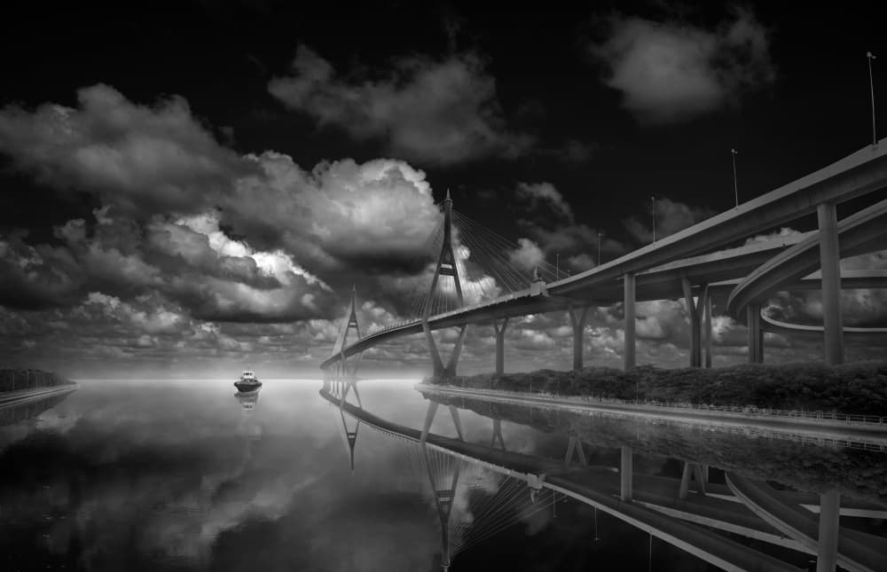 Dramatic Urban Bridge Reflections by boonlertro — canvas wall art