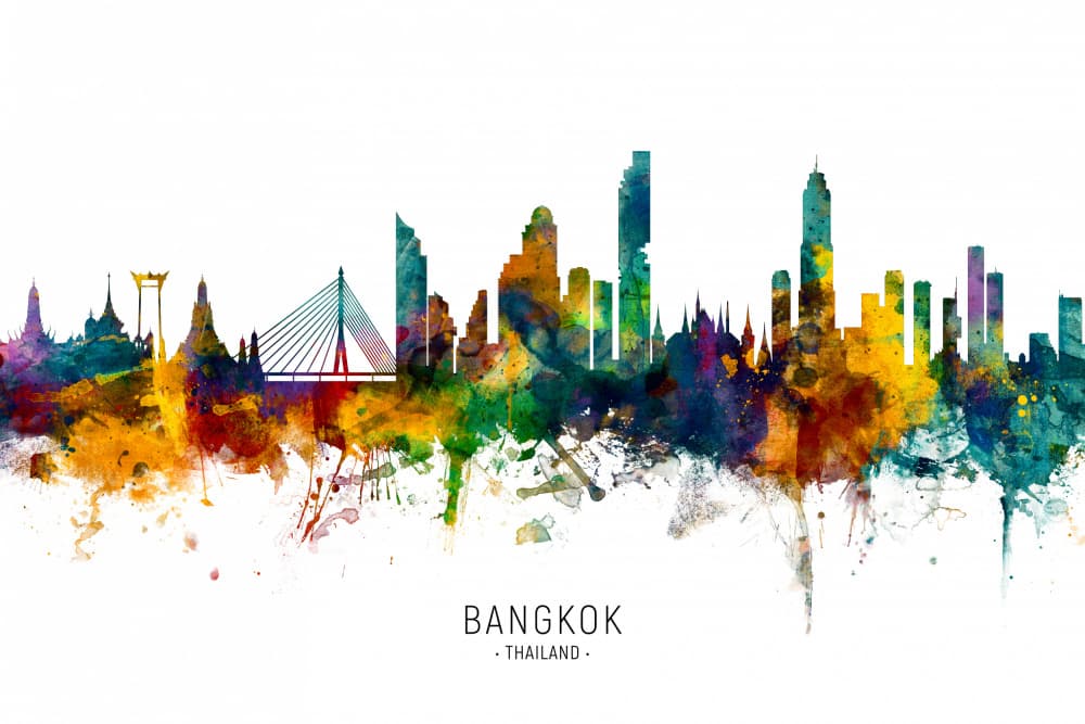 Vibrant Bangkok Skyline Watercolor by Michael Tompsett — canvas wall art