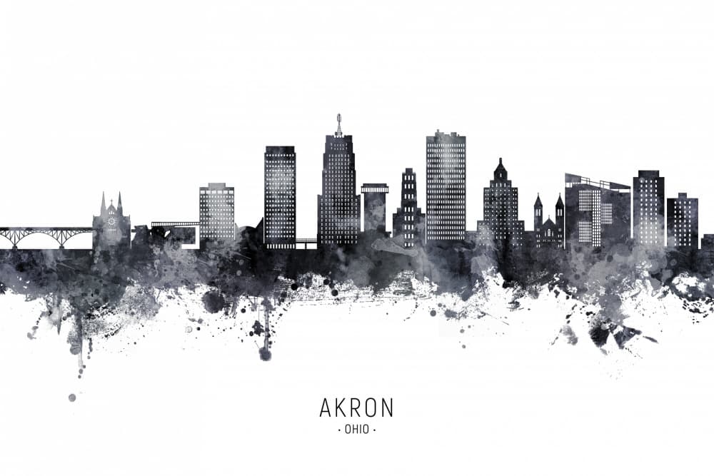 Akron Ohio Skyline Watercolor by Michael Tompsett — canvas wall art