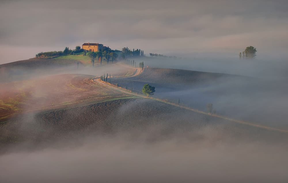 Misty Tuscan Farmhouse by Ales Komovec — canvas wall art