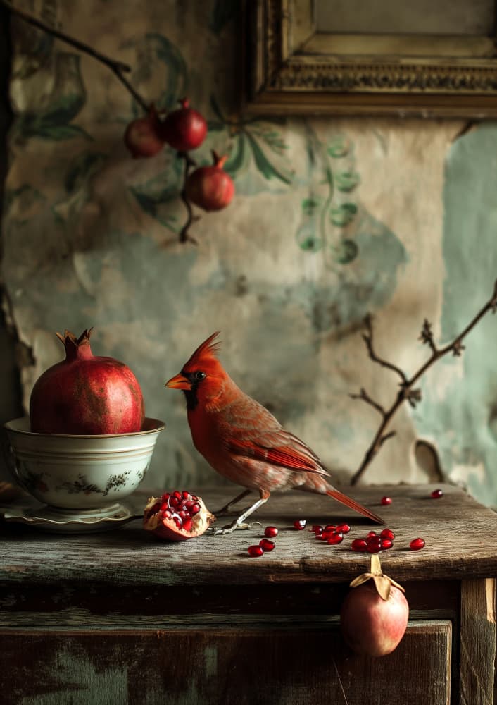 Rustic Cardinal Pomegranates by Niky Rahner — canvas wall art
