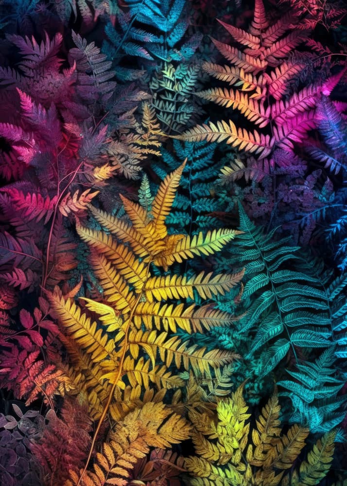 Vibrant Rainbow Ferns by Justyna Jaszke — canvas wall art