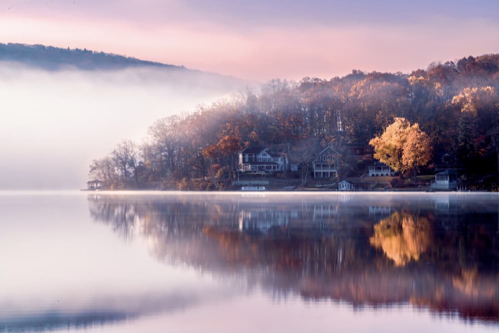 Misty Autumn Lake Reflections by Ariel Ling — canvas wall art