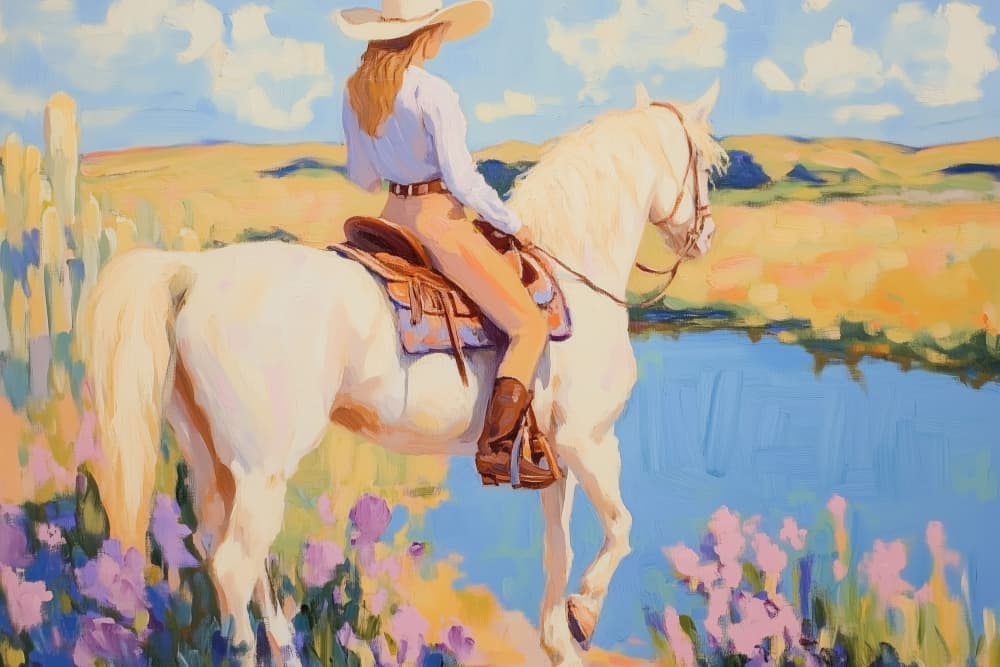 Cowgirl On White Horse by Melloi Art Prints — canvas wall art