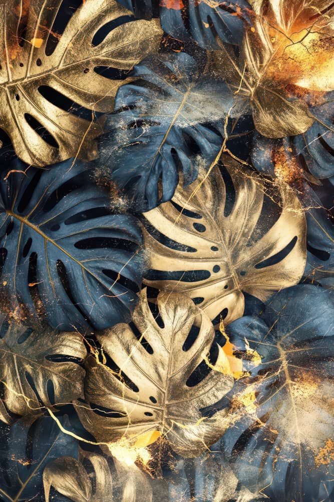 Golden Blue Monstera Leaves by Rafal Kulik — canvas wall art
