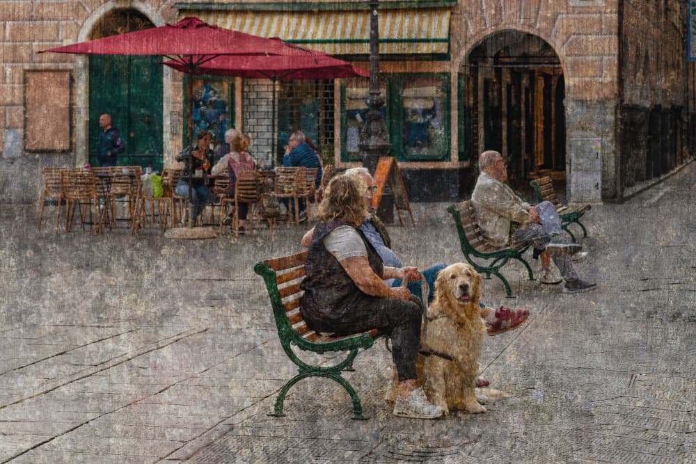 Golden Retriever Cafe Scene by Isabelle DUPONT — canvas wall art