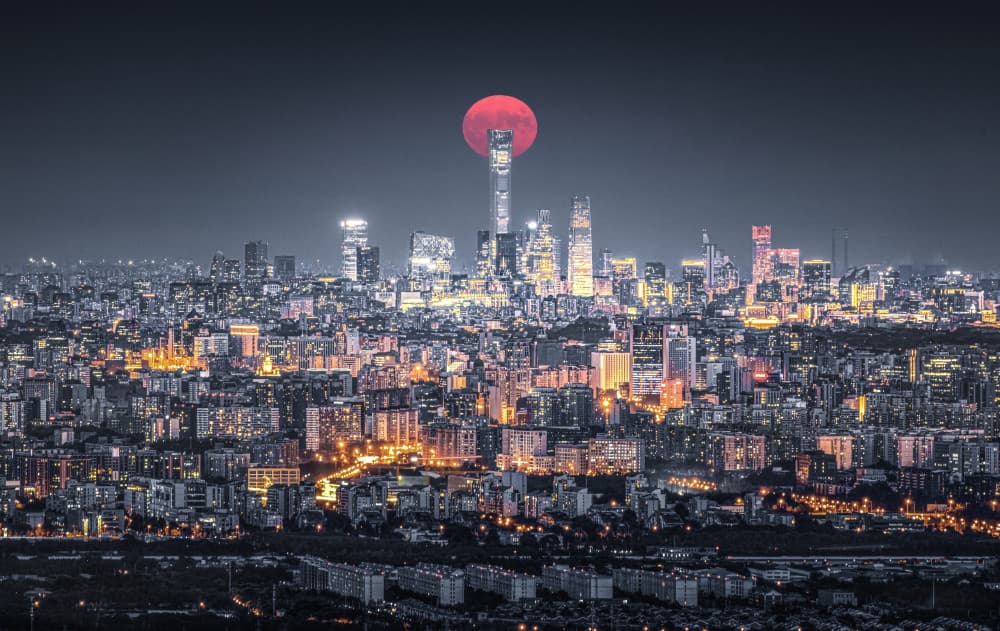 Red Moon City Night by Ran Shen — canvas wall art