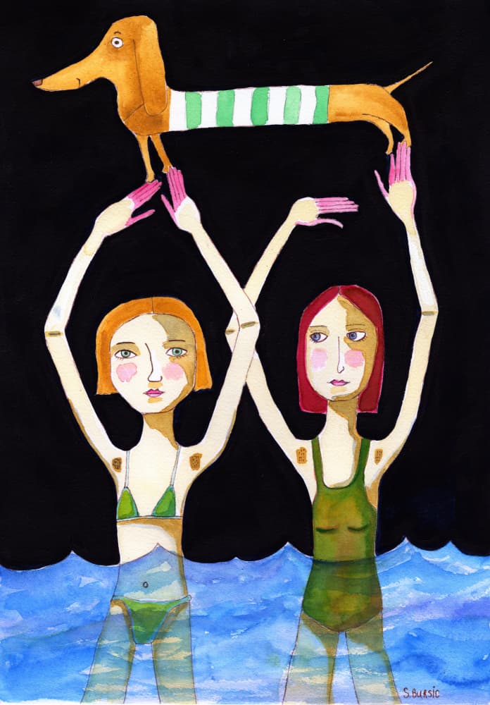 Whimsical Dog and Swimmers by Sharyn Bursic — canvas wall art
