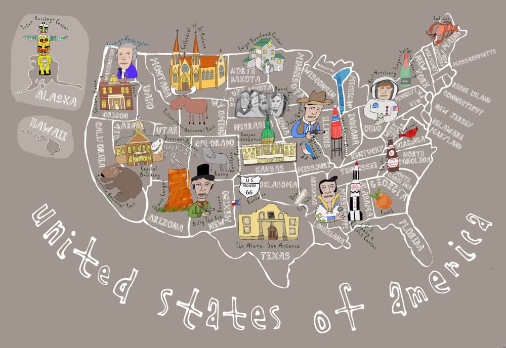 Whimsical United States Map by Carla Daly — canvas wall art