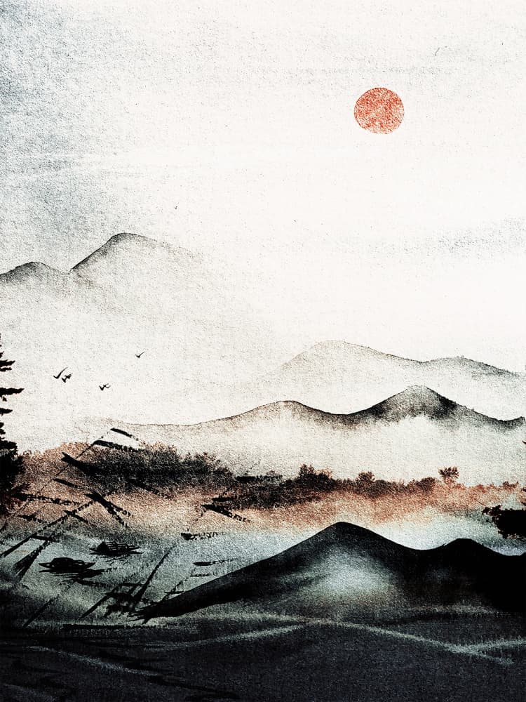 Misty Sunrise Peaks by Treechild — canvas wall art