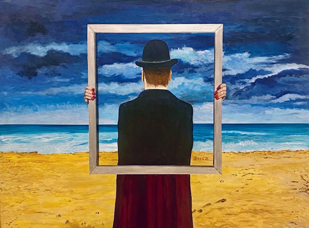 Man Holding Framed Beach by Tom Blood — canvas wall art