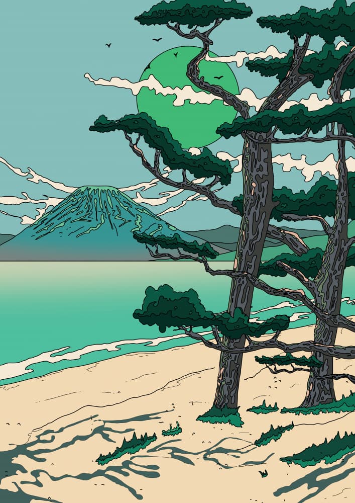 Green Sun Fuji Shore by Nicholas — canvas wall art