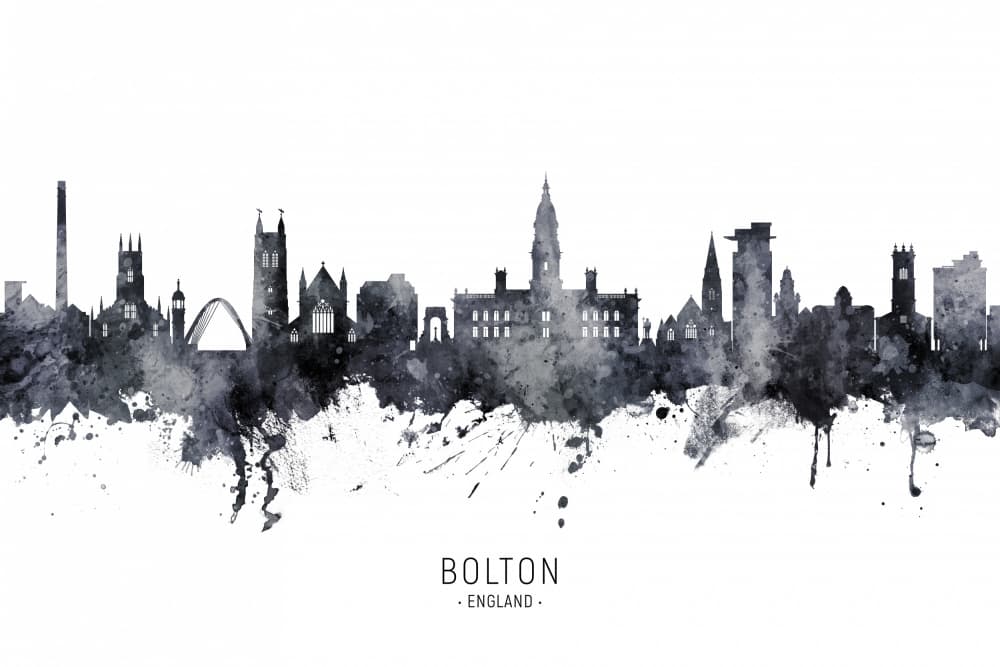 Bolton England Watercolor Skyline by Michael Tompsett — canvas wall art