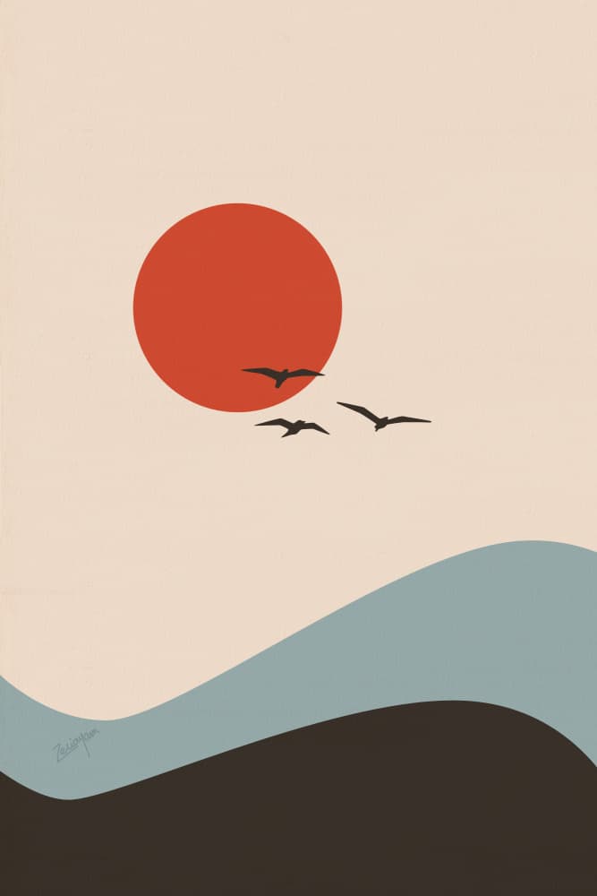 Red Sun Flying Birds by zarish chaudhry — canvas wall art