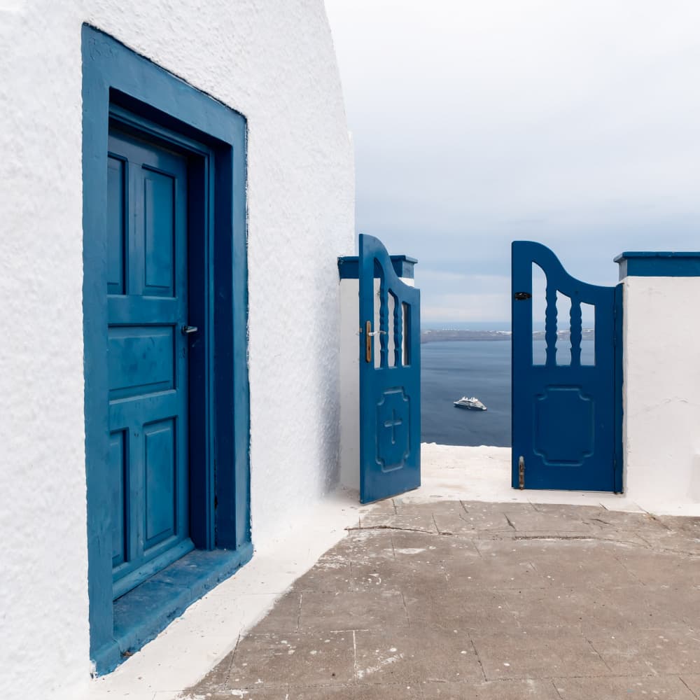 Santorini Blue Gate View by Markus Auerbach — canvas wall art