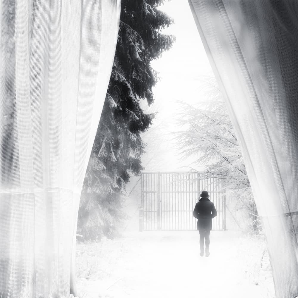 Snowy Gate Beyond Curtains by Hans Günther — canvas wall art