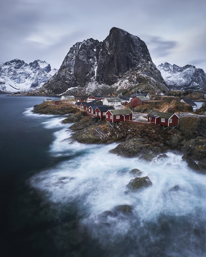 Red Houses Winter Coast by Hamed Bank — canvas wall art