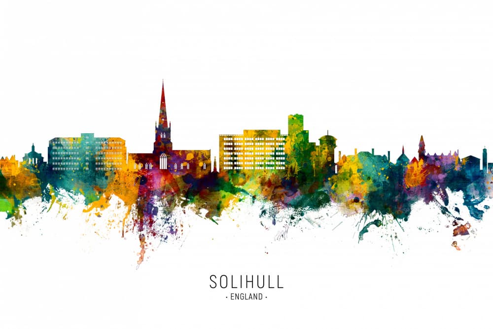 Solihull Watercolor Skyline by Michael Tompsett — canvas wall art