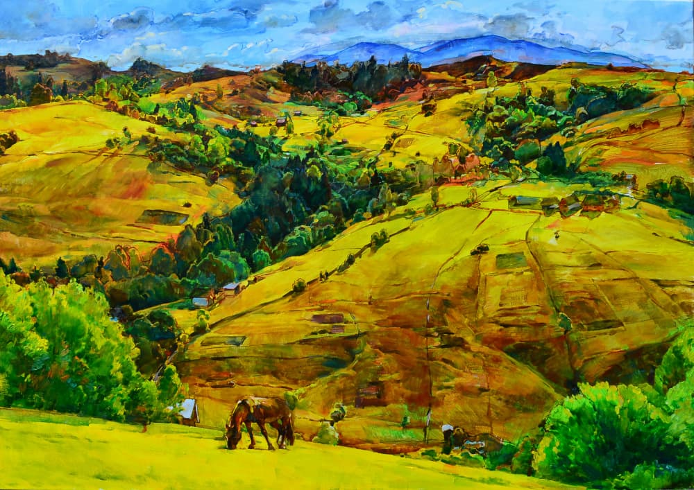Golden Hillside Horse by Andrii Kutsachenko — canvas wall art