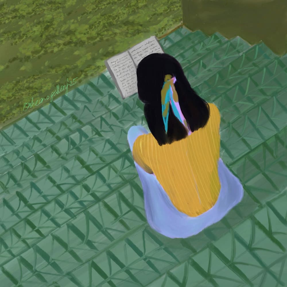 Girl Reading On Stairs by Osheensgallery — canvas wall art