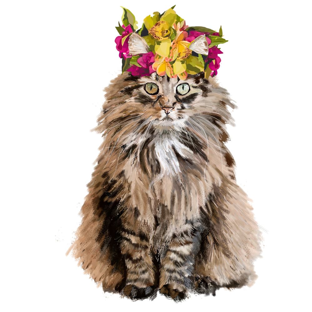 Fluffy Cat Floral Crown by Lynnda Rakos — canvas wall art