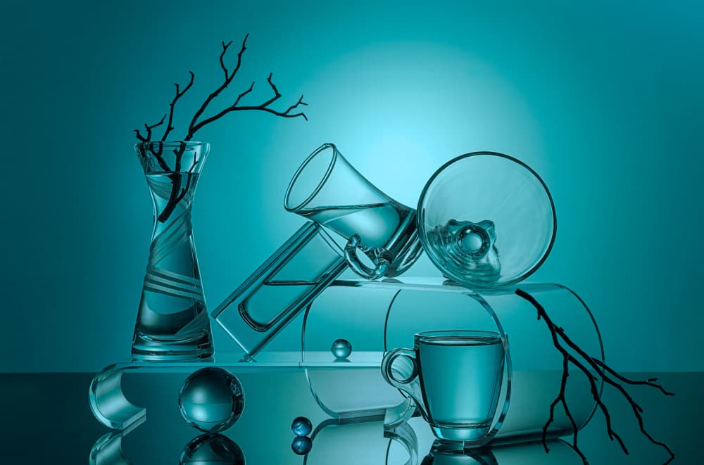 Aqua Glass Still Life by Lydia Jacobs — canvas wall art