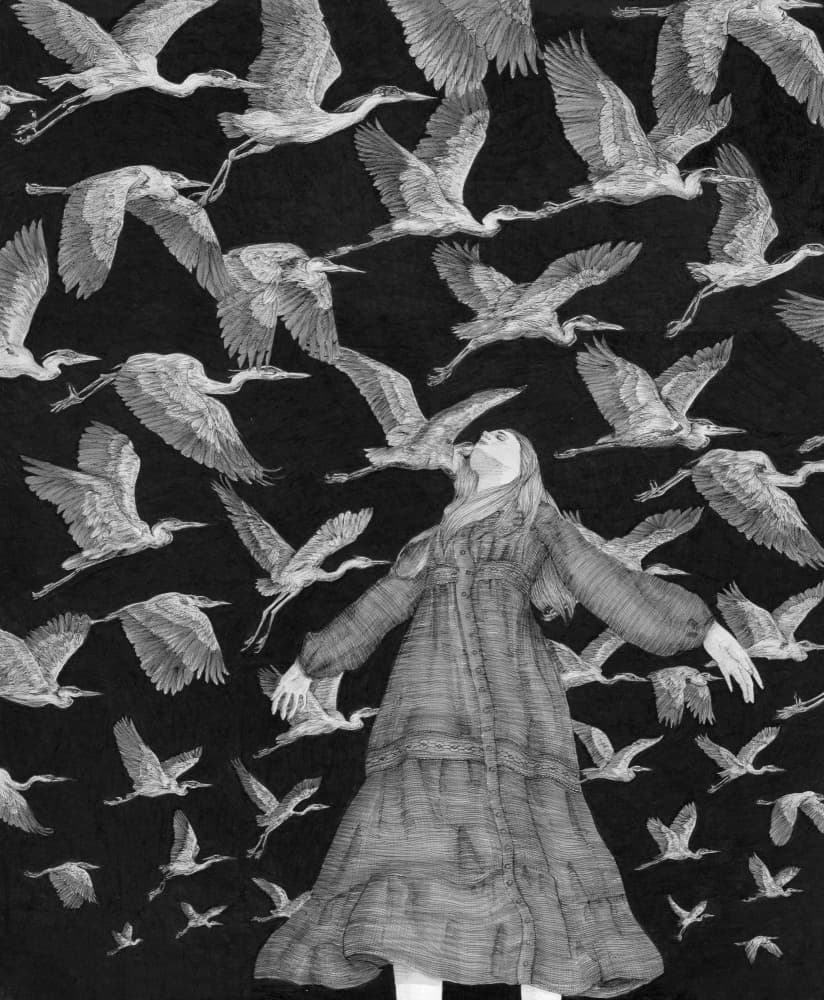 Ethereal Woman Flying Herons by EC Mazur — canvas wall art