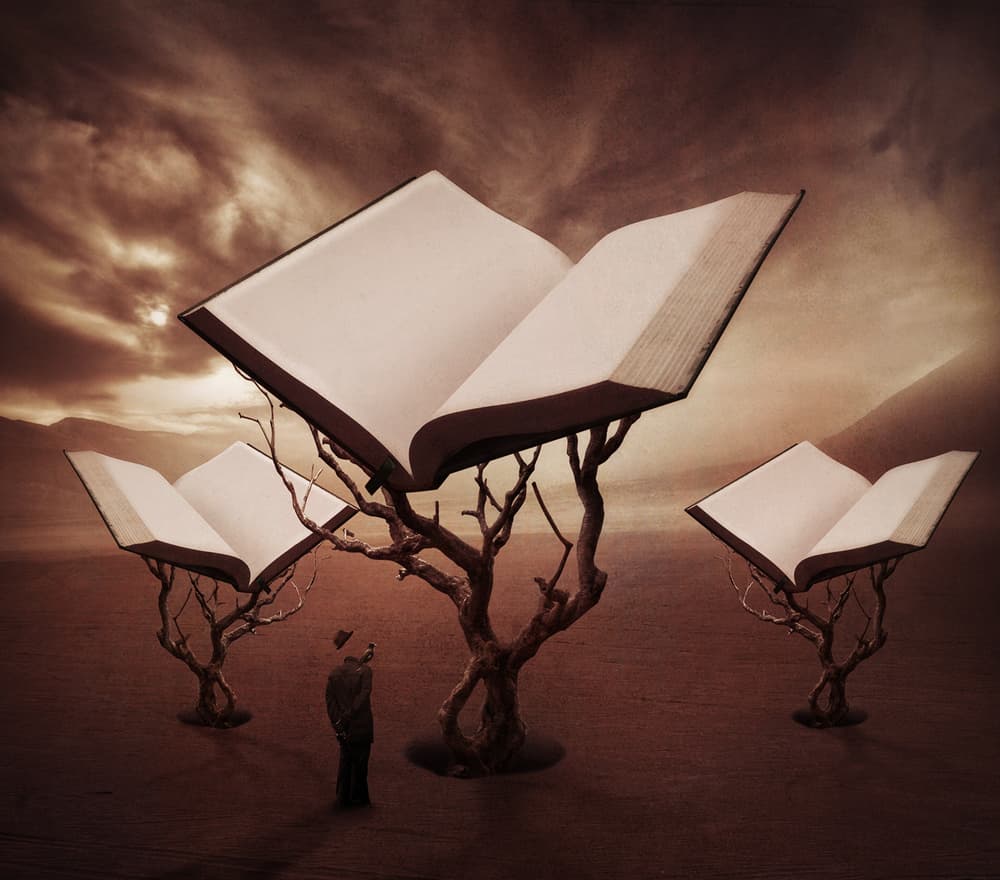 Man Contemplating Book Trees by Hari Sulistiawan — canvas wall art