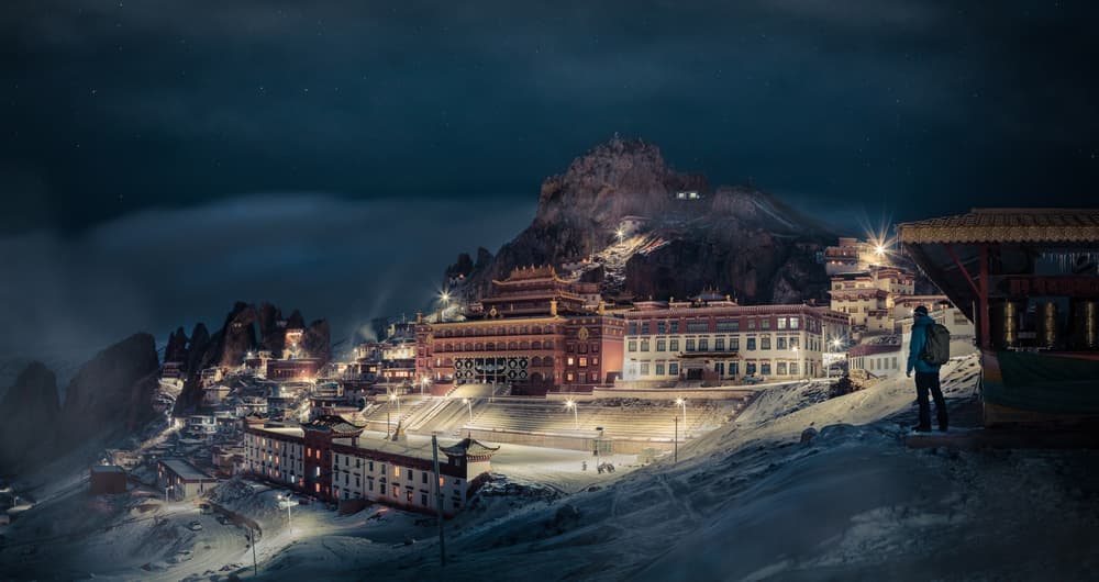 Serene Mountain Temple Night by qiye — canvas wall art