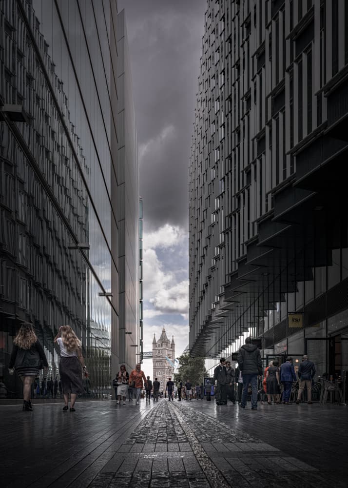Tower Bridge Between Buildings by Rudy Mareel — canvas wall art