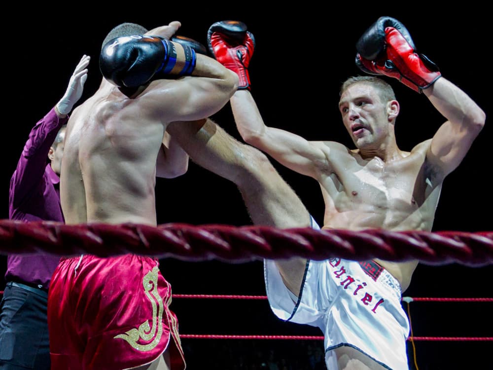 Intense Kickboxing Action by Martin Agius — canvas wall art