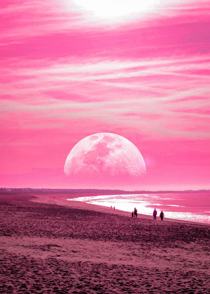Pink Moon Beach Scene by Ariz Rab — canvas wall art