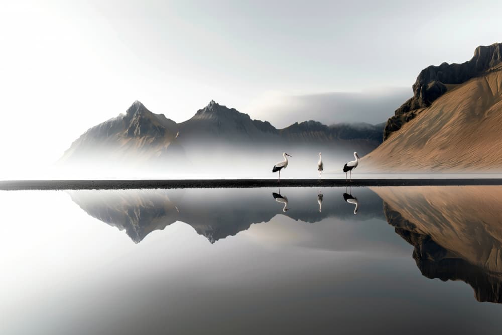 Misty Mountain Storks by Hosam.Karara — canvas wall art
