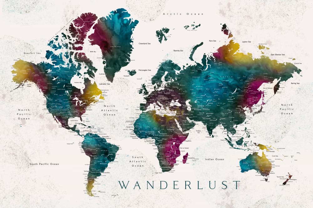 Vibrant World Map by Rosana Laiz Blursbyai — canvas wall art