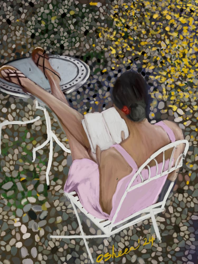 Peaceful Patio Reading by Osheensgallery — canvas wall art