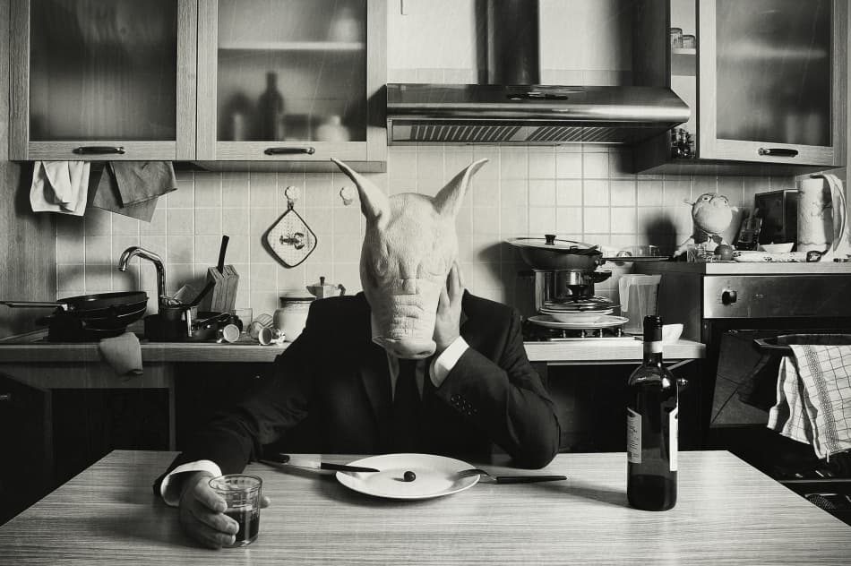 Unsettling Pig Mask Dinner by Stefano Miserini — canvas wall art