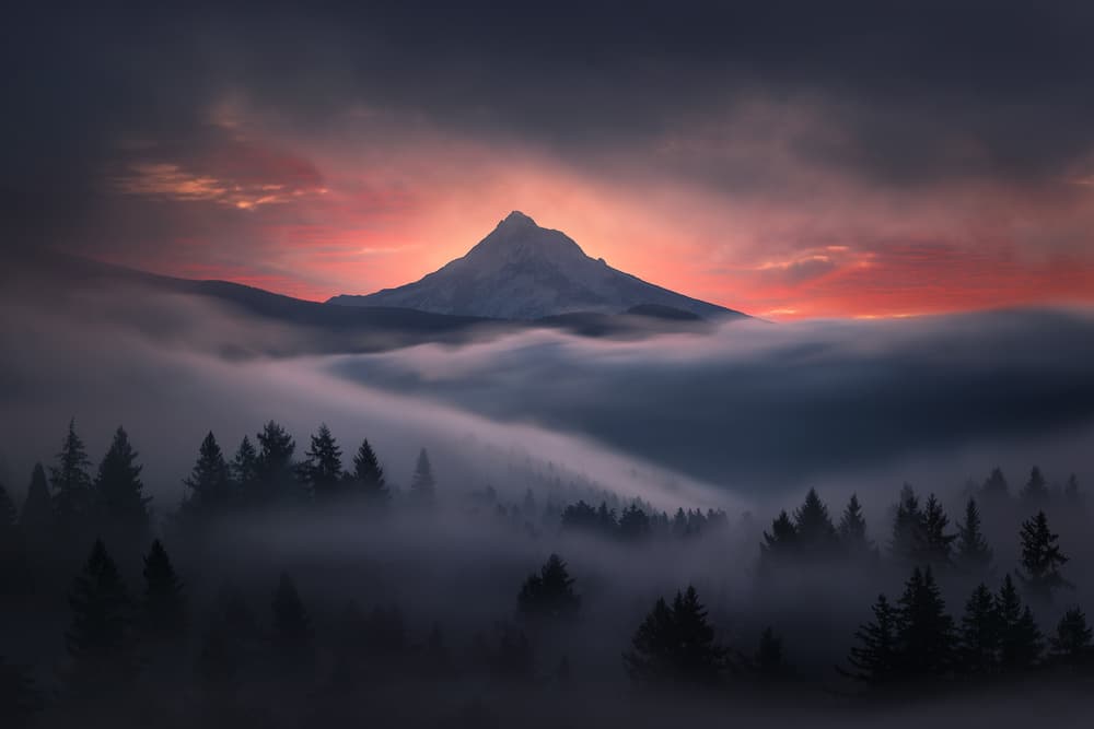 Misty Mountain Sunset by Miles Morgan — canvas wall art