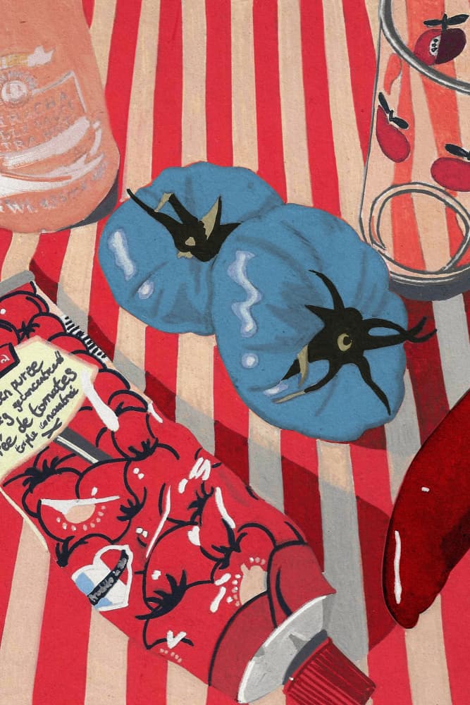 Blue Tomatoes on Stripes by Studio Mandariini — canvas wall art