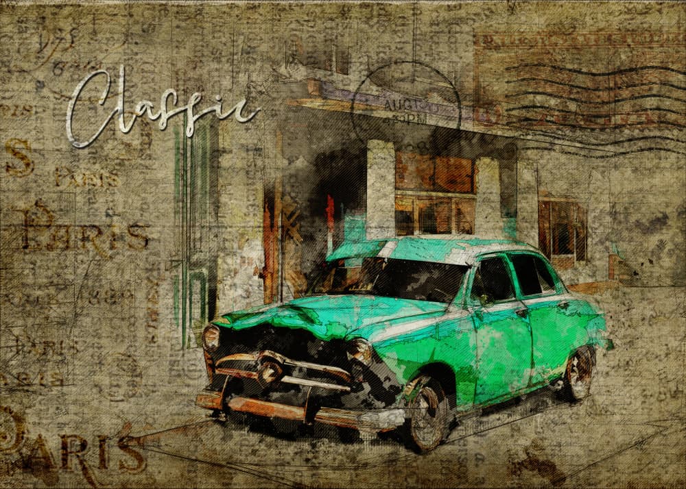Classic Green Paris Car by Lembayung senja studio [Vintage Poster] — canvas wall art