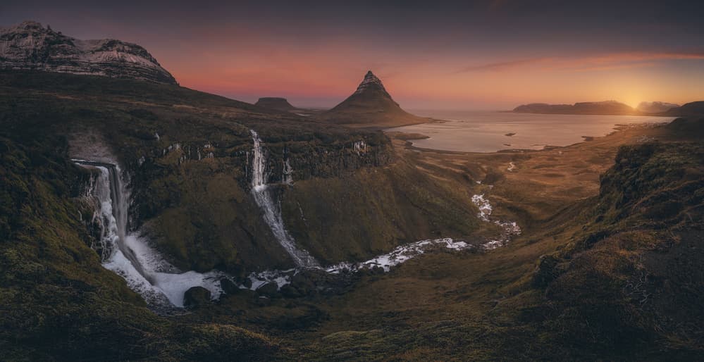 Kirkjufell Sunset Waterfall by David Martin Castan — canvas wall art