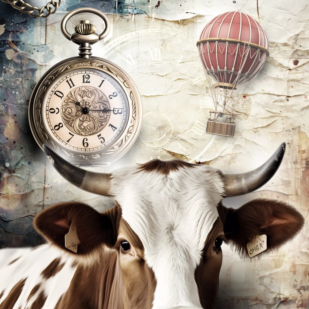 Whimsical Cow Time Traveler by Rafal Kulik — canvas wall art