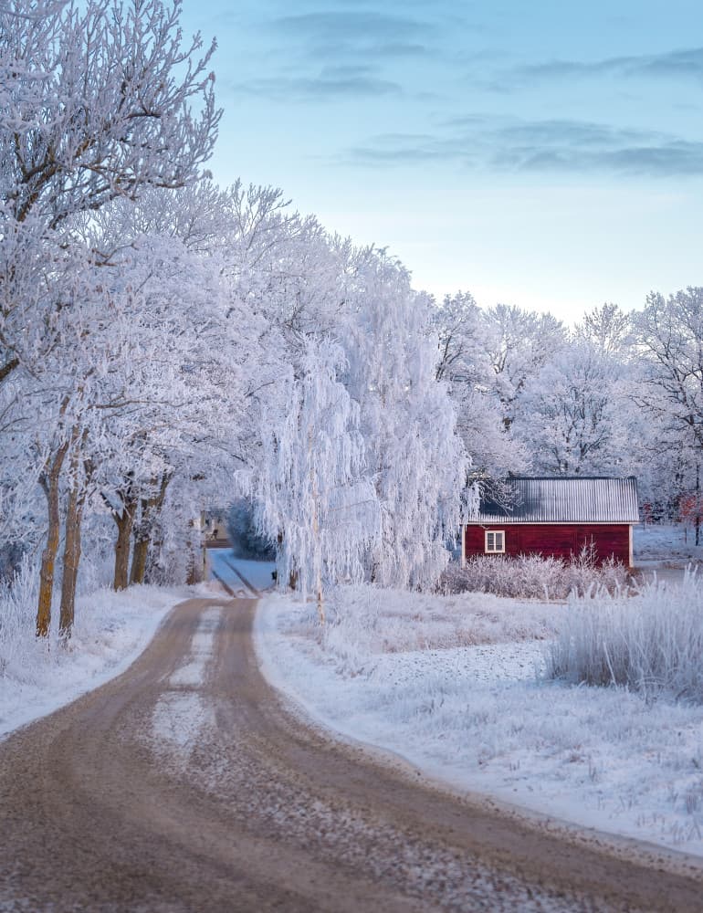 Frosty Winter Barn Road by Christian Lindsten — canvas wall art