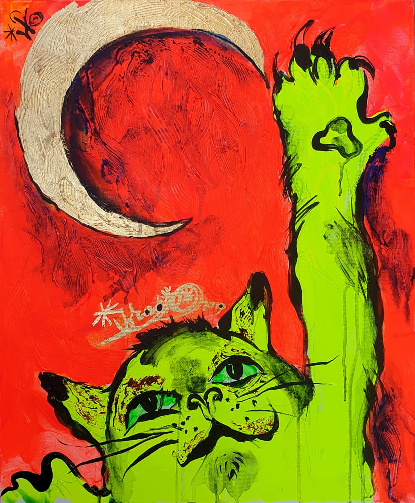Green Cat Red Moon by Kanat Ibragimov — canvas wall art