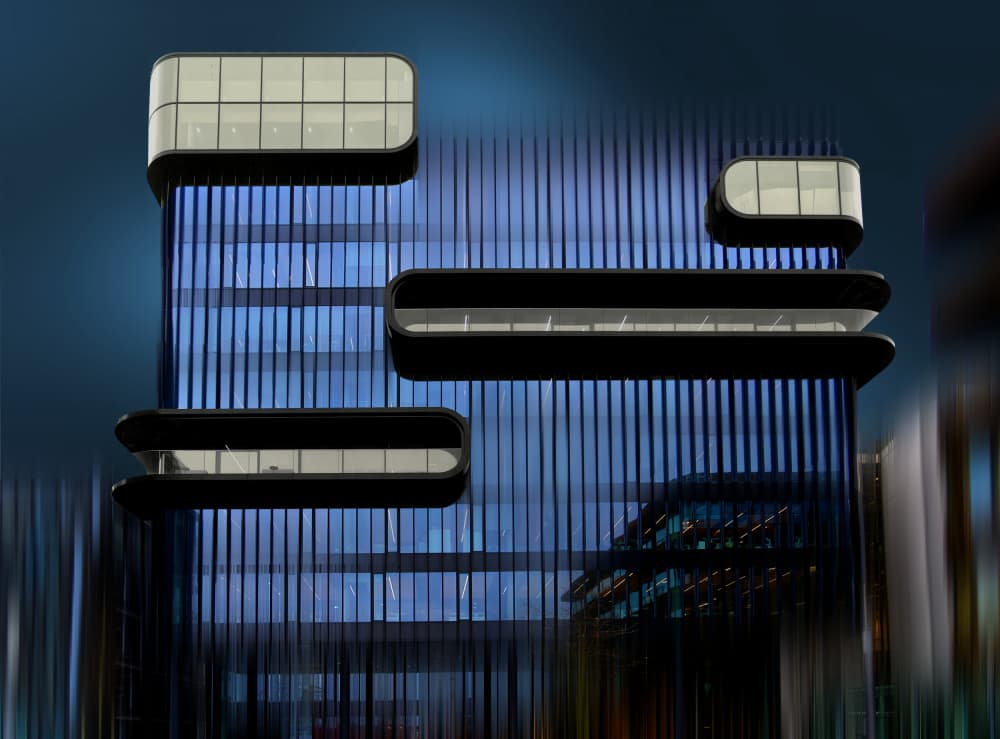 Sleek Blue Building by Erhard Batzdorf — canvas wall art