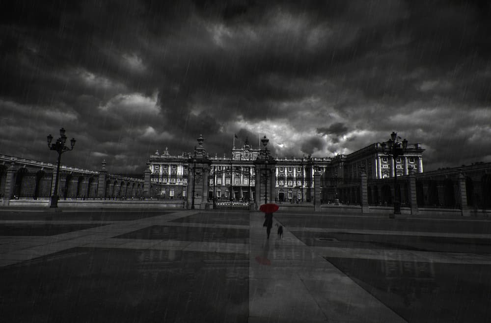 Red Umbrella Madrid Palace by Orkidea W. — canvas wall art
