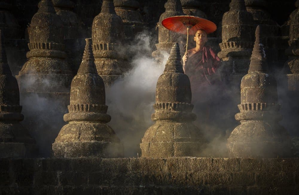 Monk in Misty Pagodas by Clas Gustafson PRO — canvas wall art