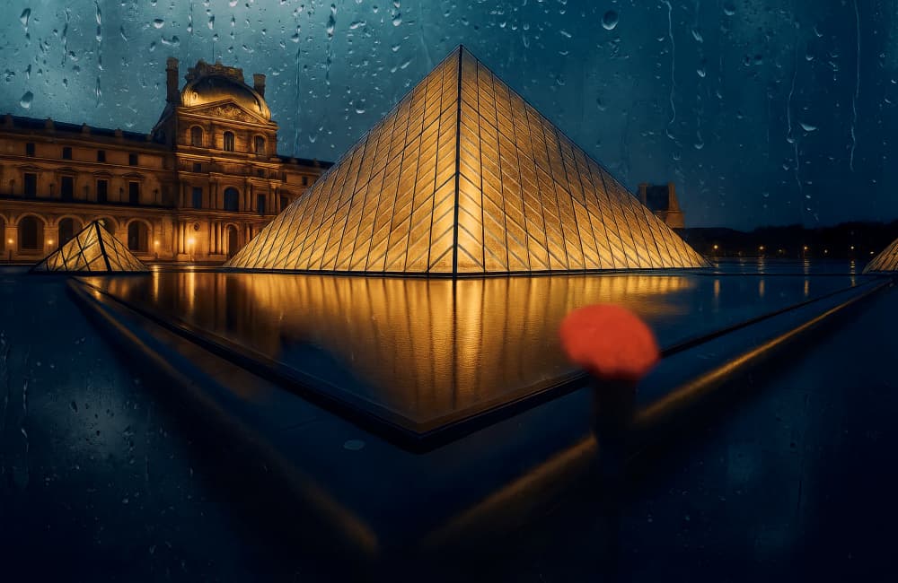 Golden Louvre Pyramid Rain by X-FlyingKN — canvas wall art