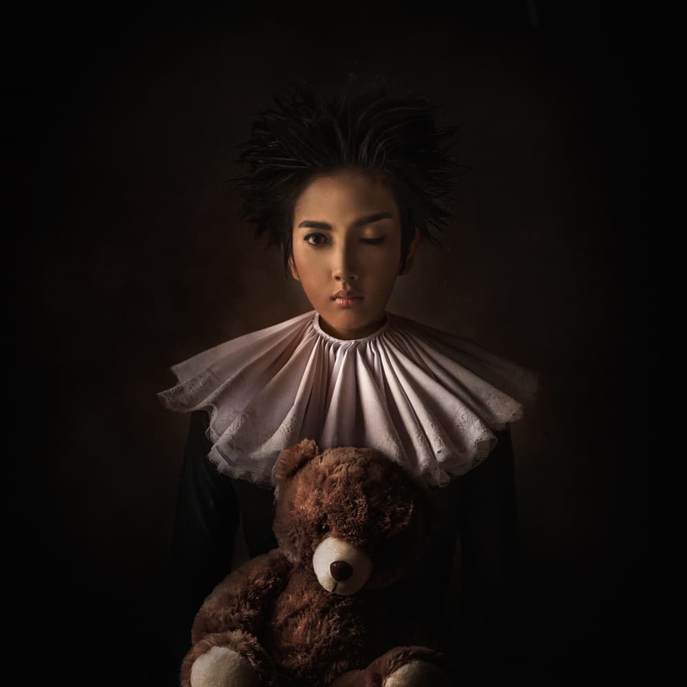 Winking Girl and Bear by hardibudi — canvas wall art